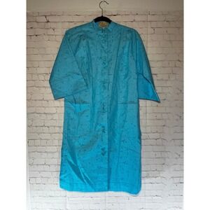 Vintage 60s 70s Bullock's Wilshire Turquoise Hostess Robe Cotton Lounge Coat S
